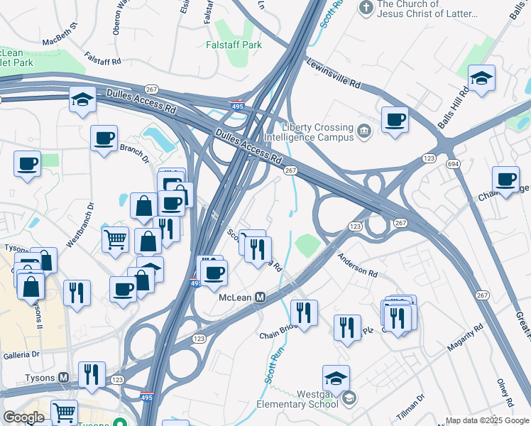 map of restaurants, bars, coffee shops, grocery stores, and more near 1580 Spring Gate Drive in McLean