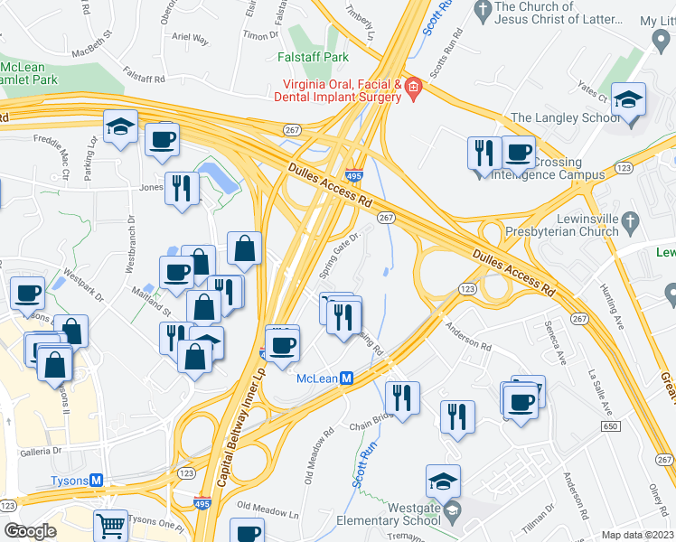 map of restaurants, bars, coffee shops, grocery stores, and more near 1530 Spring Gate Drive in McLean