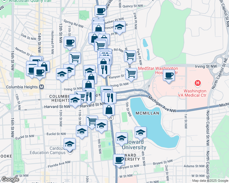 map of restaurants, bars, coffee shops, grocery stores, and more near 639 Columbia Road Northwest in Washington