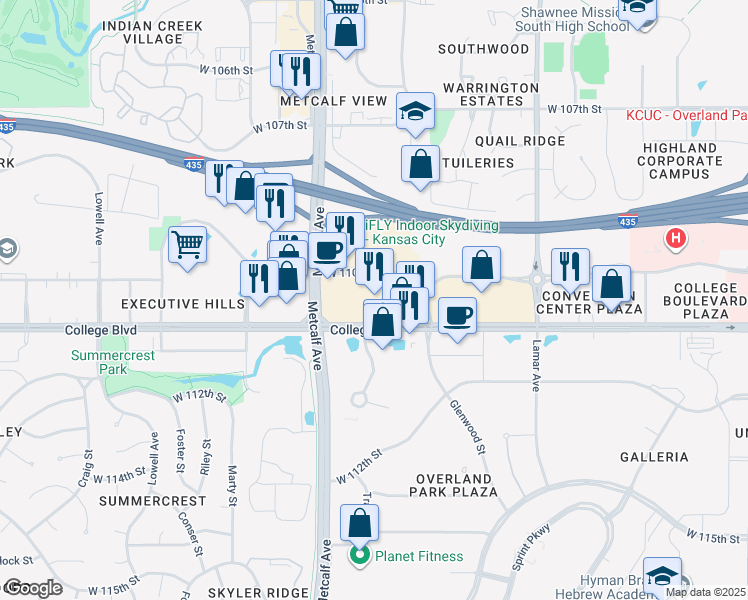 map of restaurants, bars, coffee shops, grocery stores, and more near 6900 College Boulevard in Leawood