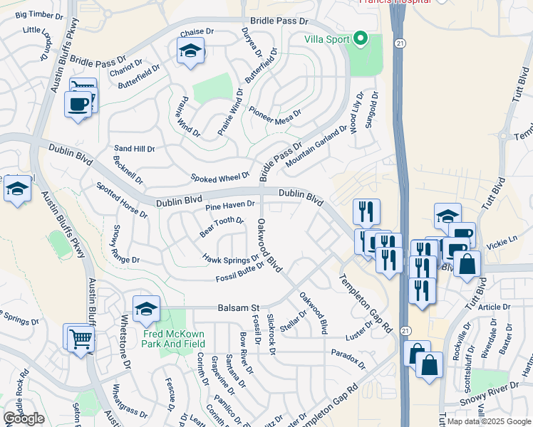 map of restaurants, bars, coffee shops, grocery stores, and more near 6720 Oakwood Boulevard in Colorado Springs