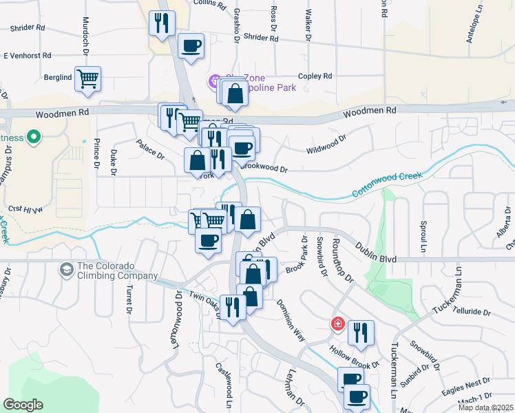 map of restaurants, bars, coffee shops, grocery stores, and more near 6655 North Academy Boulevard in Colorado Springs