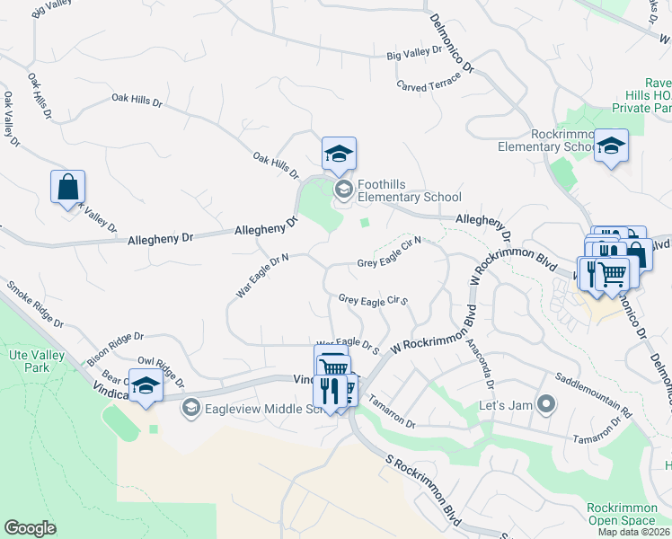 map of restaurants, bars, coffee shops, grocery stores, and more near 935 Grey Eagle Circle North in Colorado Springs