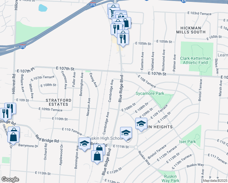 map of restaurants, bars, coffee shops, grocery stores, and more near 10731 Cambridge Avenue in Kansas City