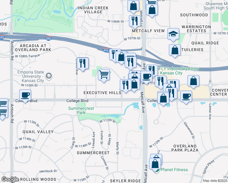 map of restaurants, bars, coffee shops, grocery stores, and more near 7400 College Boulevard in Overland Park