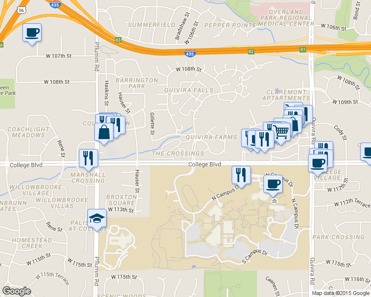 map of restaurants, bars, coffee shops, grocery stores, and more near 12673 West 110th Terrace in Overland Park