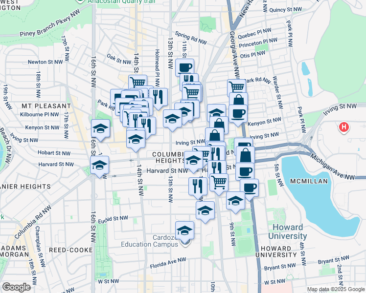 map of restaurants, bars, coffee shops, grocery stores, and more near 1222 Irving Street Northwest in Washington
