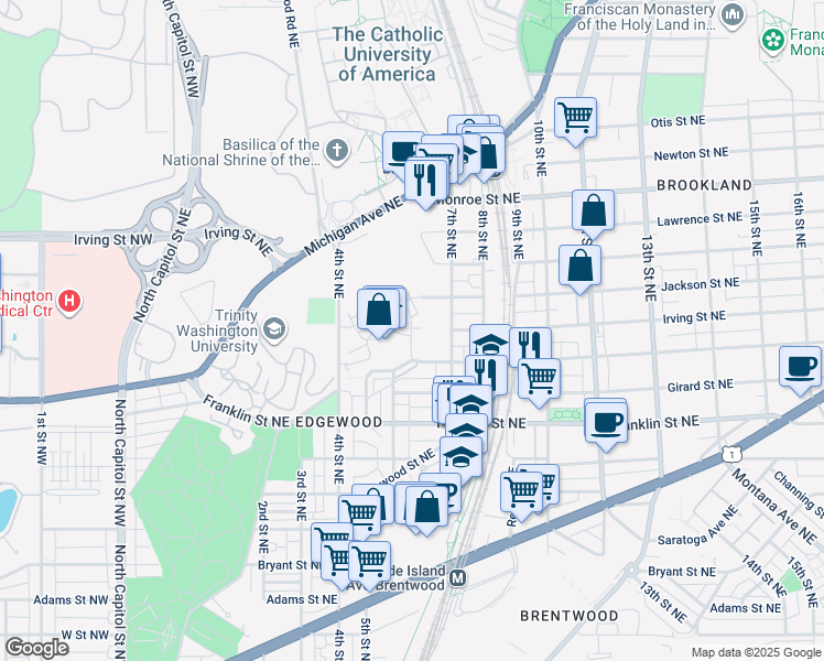 map of restaurants, bars, coffee shops, grocery stores, and more near 3033 Chancellor's Way Northeast in Washington