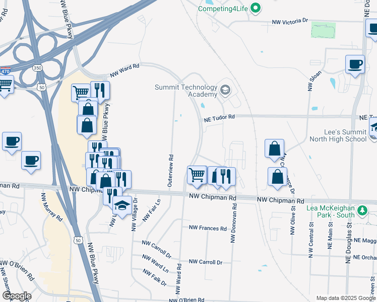 map of restaurants, bars, coffee shops, grocery stores, and more near 800 Northwest Ward Road in Lee's Summit