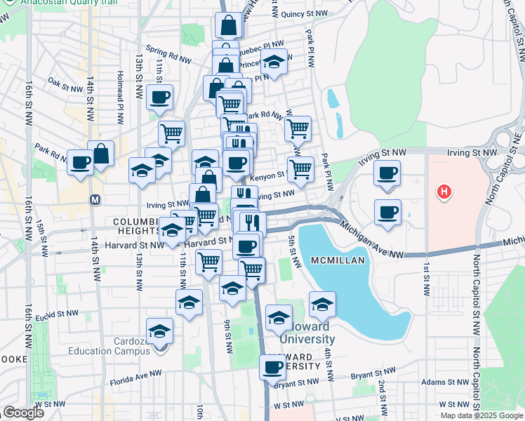 map of restaurants, bars, coffee shops, grocery stores, and more near 639 Columbia Road Northwest in Washington