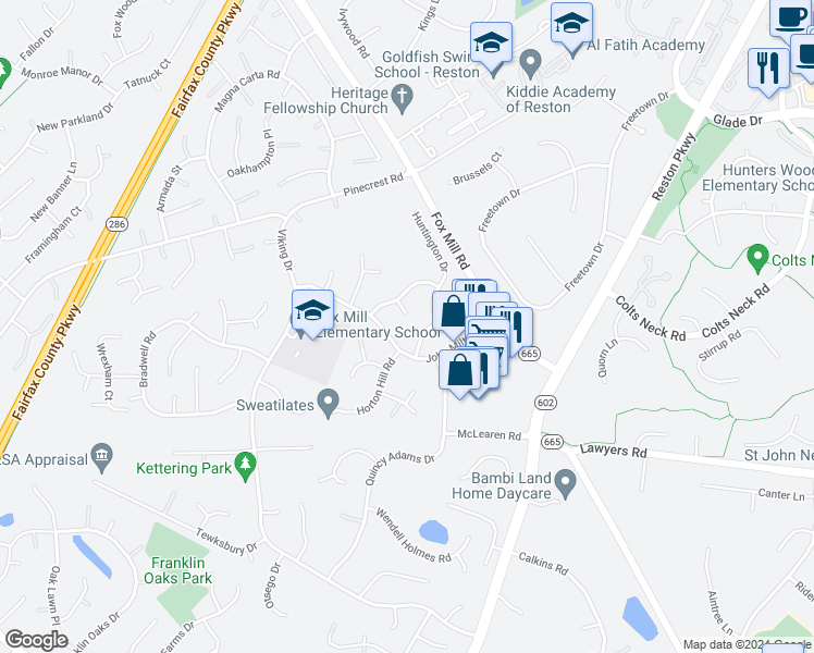 map of restaurants, bars, coffee shops, grocery stores, and more near 12489 Marstan Moor Lane in Herndon