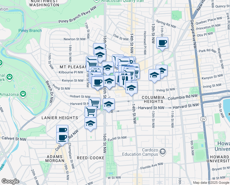 map of restaurants, bars, coffee shops, grocery stores, and more near 1460 Irving Street Northwest in Washington