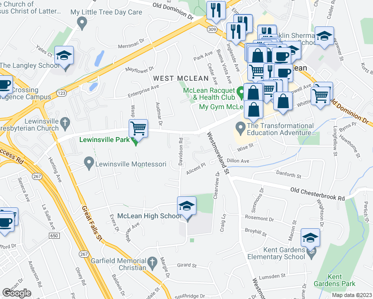 map of restaurants, bars, coffee shops, grocery stores, and more near 7027 Little Leaf Linden Lane in McLean