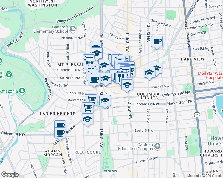 map of restaurants, bars, coffee shops, grocery stores, and more near 1460 Irving Street Northwest in Washington