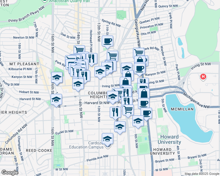 map of restaurants, bars, coffee shops, grocery stores, and more near 1204 Irving Street Northwest in Washington