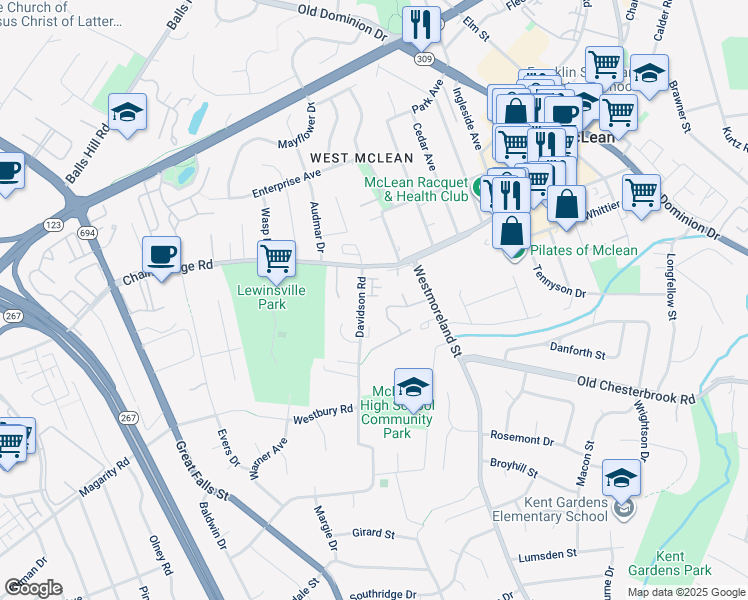 map of restaurants, bars, coffee shops, grocery stores, and more near 7027 Little Leaf Linden Lane in McLean
