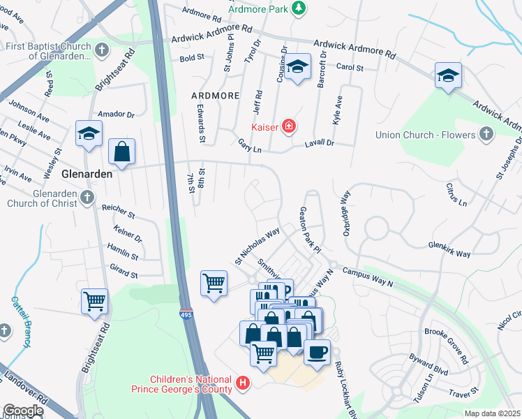 map of restaurants, bars, coffee shops, grocery stores, and more near 9203 Eason Street in Lanham
