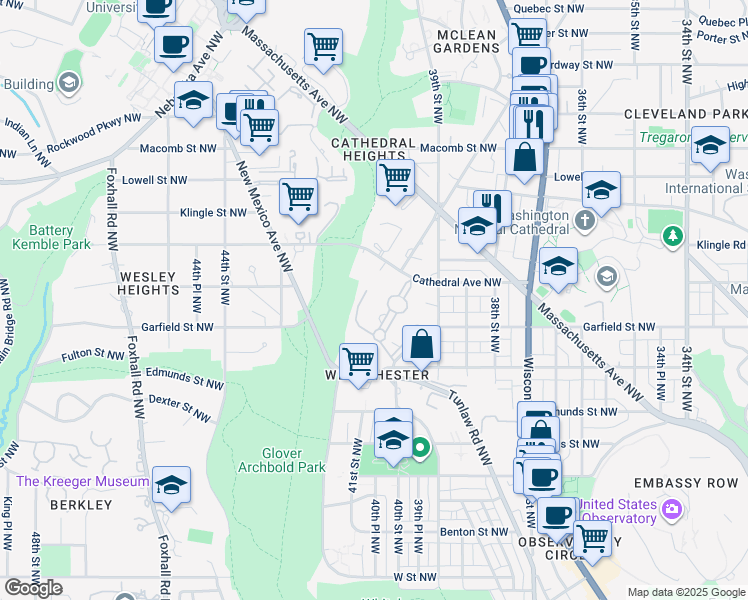 map of restaurants, bars, coffee shops, grocery stores, and more near 4000 Cathedral Avenue Northwest in Washington