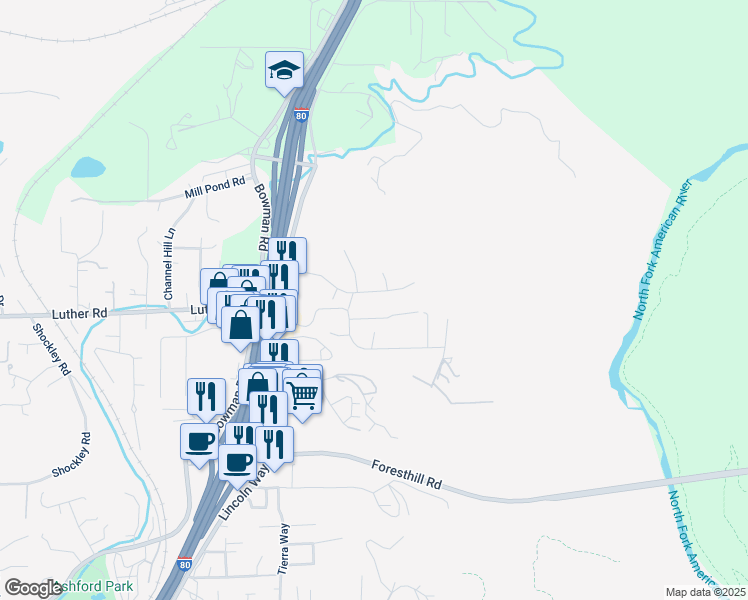 map of restaurants, bars, coffee shops, grocery stores, and more near 1030 Sylvan Glen Place in Auburn