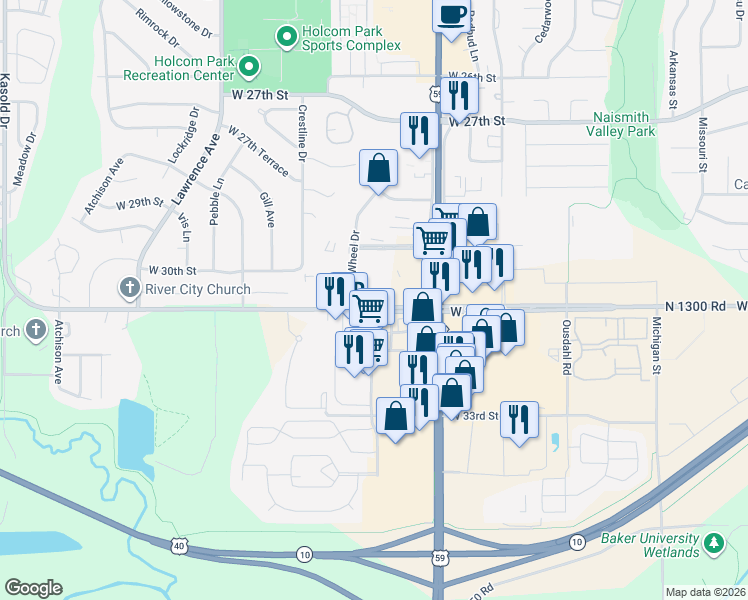 map of restaurants, bars, coffee shops, grocery stores, and more near 2221 W 31st St in Lawrence