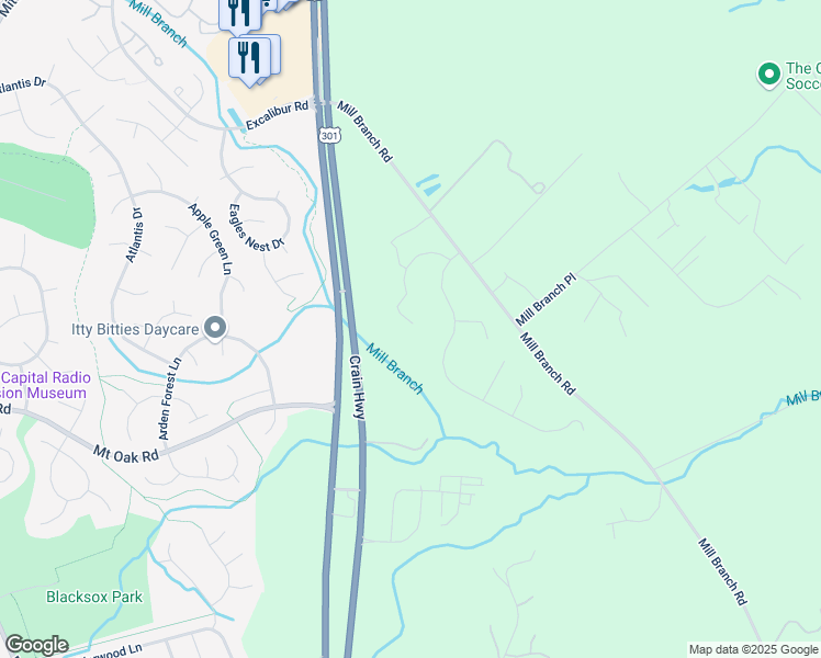 map of restaurants, bars, coffee shops, grocery stores, and more near 16801 Sleepy Spring Court in Bowie