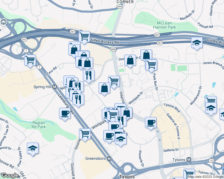 map of restaurants, bars, coffee shops, grocery stores, and more near 8352 Greensboro Drive in McLean