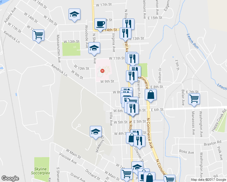 map of restaurants, bars, coffee shops, grocery stores, and more near 117 West 8th Street in Front Royal