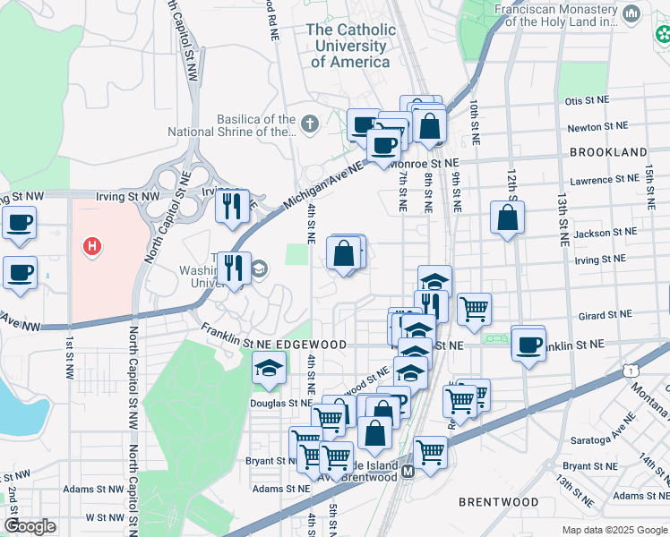map of restaurants, bars, coffee shops, grocery stores, and more near 448 Holmwood Drive Northeast in Washington