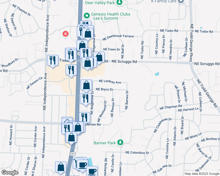 map of restaurants, bars, coffee shops, grocery stores, and more near 1100 Northeast Bryco Drive in Lee's Summit