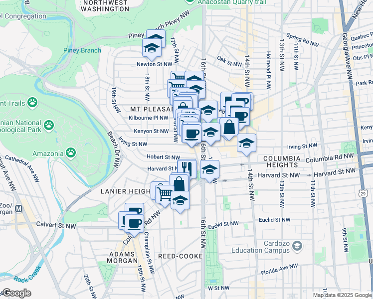map of restaurants, bars, coffee shops, grocery stores, and more near 1636 Irving Street Northwest in Washington