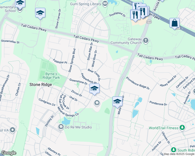 map of restaurants, bars, coffee shops, grocery stores, and more near 42077 Bear Tooth Drive in Aldie