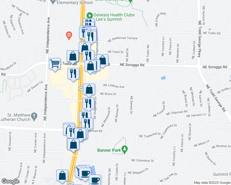 map of restaurants, bars, coffee shops, grocery stores, and more near 1104 Northeast Bryco Drive in Lee's Summit