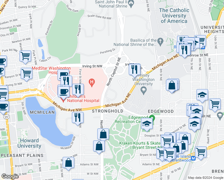 map of restaurants, bars, coffee shops, grocery stores, and more near Hawthorne Drive Northeast in Washington