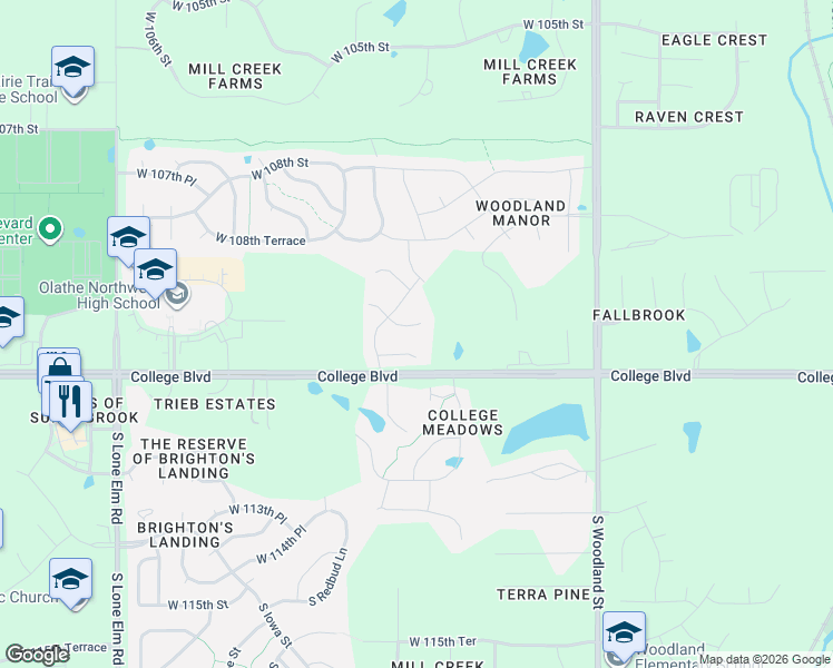 map of restaurants, bars, coffee shops, grocery stores, and more near 20536 West 110th Place in Olathe