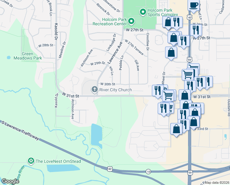 map of restaurants, bars, coffee shops, grocery stores, and more near 2859-2955 W 31st St in Lawrence