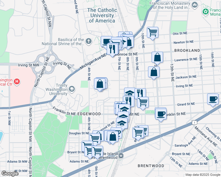 map of restaurants, bars, coffee shops, grocery stores, and more near 3049 Chancellor's Way Northeast in Washington