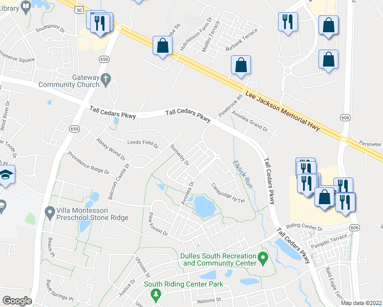 map of restaurants, bars, coffee shops, grocery stores, and more near 24892 Castleton Drive in Chantilly