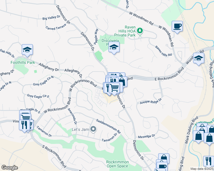 map of restaurants, bars, coffee shops, grocery stores, and more near 215 West Rockrimmon Boulevard in Colorado Springs
