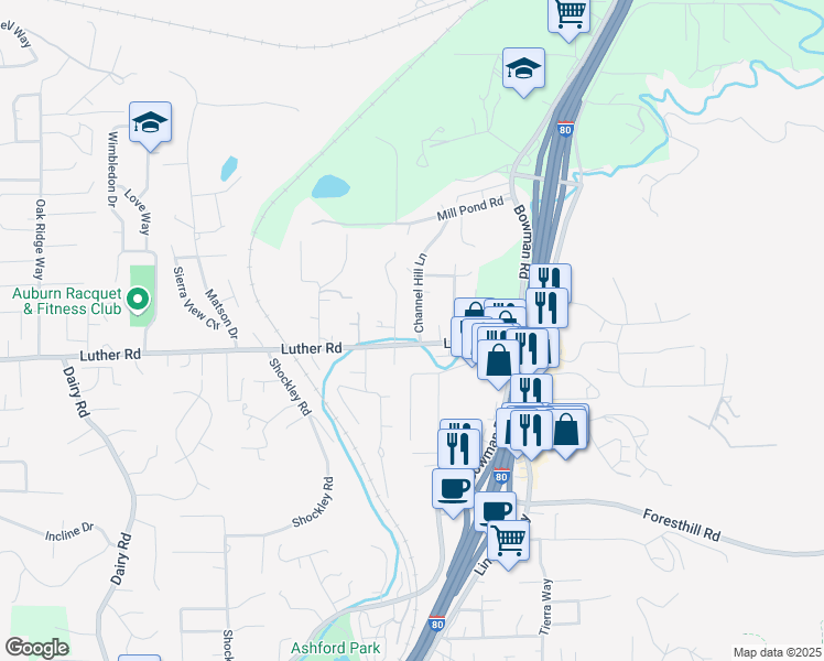 map of restaurants, bars, coffee shops, grocery stores, and more near 13296 Luther Road in Auburn