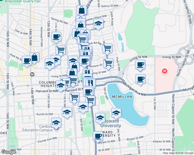 map of restaurants, bars, coffee shops, grocery stores, and more near 101 Independence Avenue Southeast in Washington