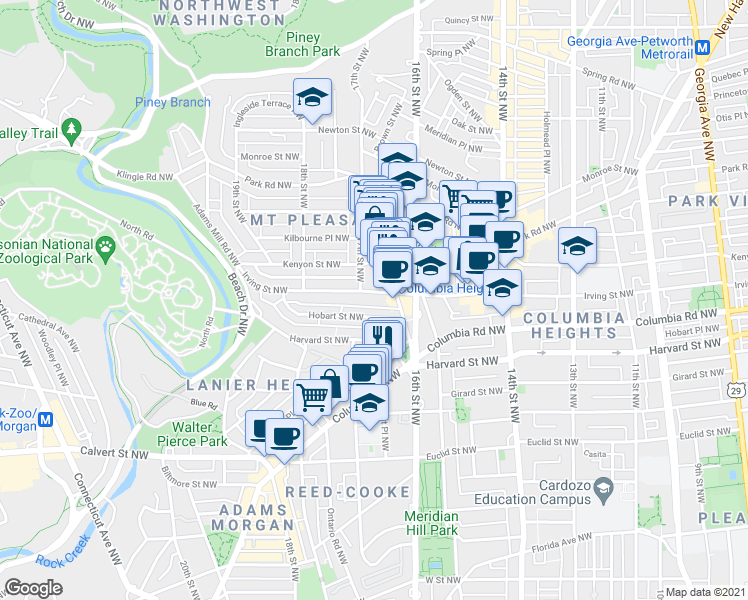 map of restaurants, bars, coffee shops, grocery stores, and more near 101 Independence Avenue Southeast in Washington