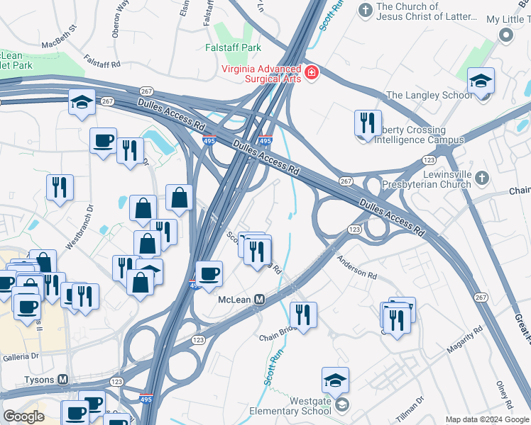 map of restaurants, bars, coffee shops, grocery stores, and more near 1580 Spring Gate Drive in McLean