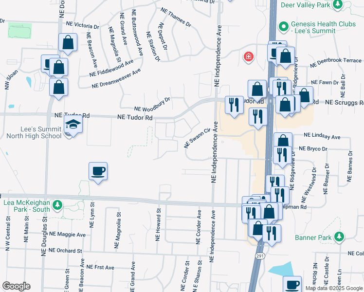 map of restaurants, bars, coffee shops, grocery stores, and more near 653 Northeast Swann Circle in Lee's Summit