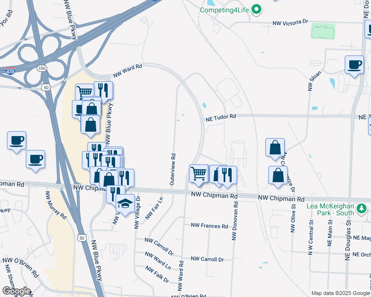 map of restaurants, bars, coffee shops, grocery stores, and more near 700 Northwest Ward Road in Lee's Summit