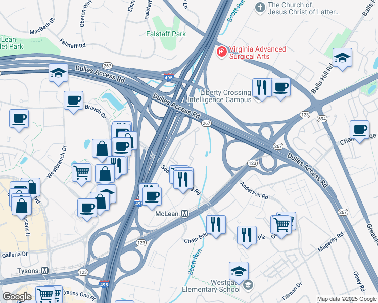 map of restaurants, bars, coffee shops, grocery stores, and more near 1580 Spring Gate Drive in McLean