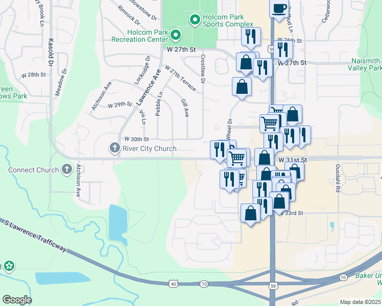map of restaurants, bars, coffee shops, grocery stores, and more near 2713 Harrison Place in Lawrence