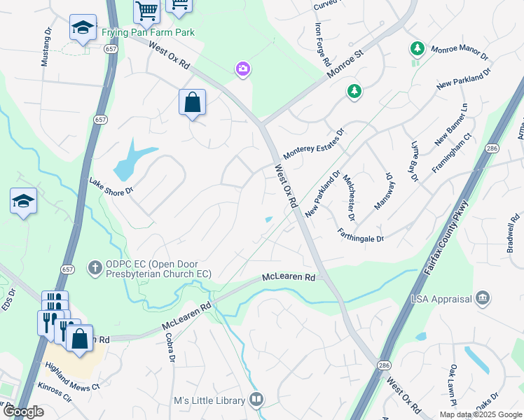 map of restaurants, bars, coffee shops, grocery stores, and more near in Franklin Farm