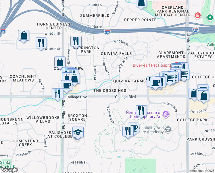 map of restaurants, bars, coffee shops, grocery stores, and more near 12727 West 110th Terrace in Overland Park