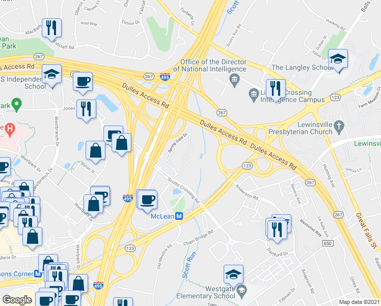 map of restaurants, bars, coffee shops, grocery stores, and more near 1581 Spring Gate Drive in McLean