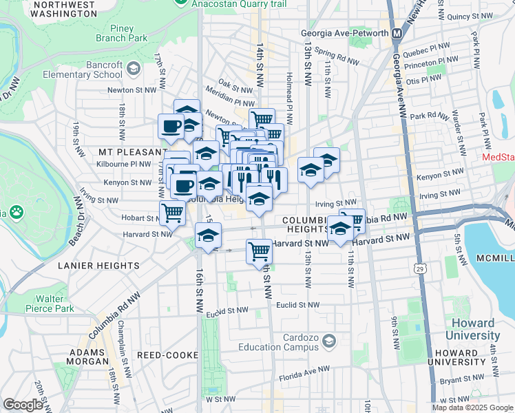 map of restaurants, bars, coffee shops, grocery stores, and more near 3023 14th Street Northwest in Washington